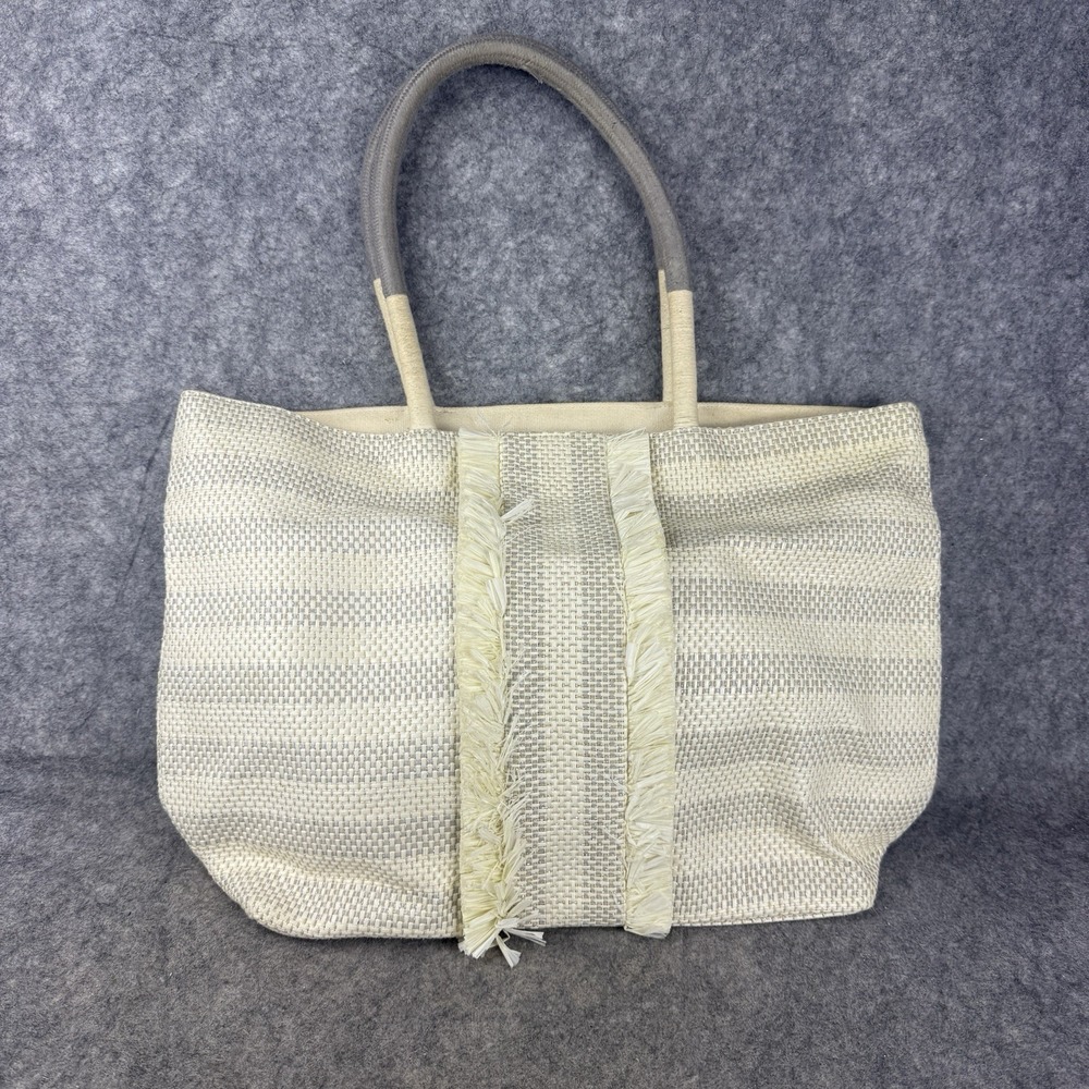 Stella & dot Ivory Stripes Straw Top Handle Large Tote Shoulder Bag Purse